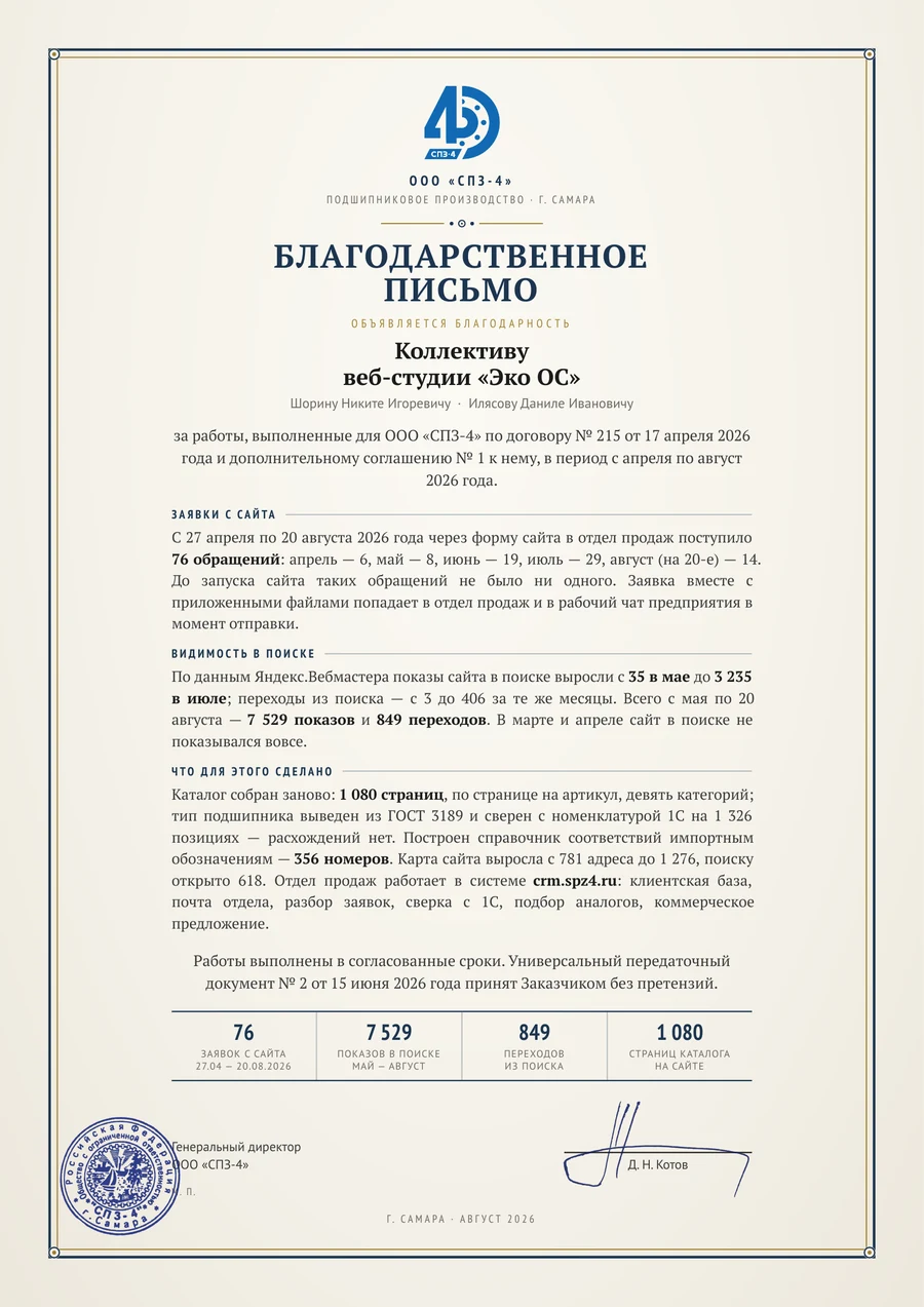 Благодарственное письмо ООО «СПЗ-4» веб-студии «Эко ОС» за работы по договору № 215: 76 заявок с сайта, 7 529 показов, подпись генерального директора Котова Д. Н. и печать