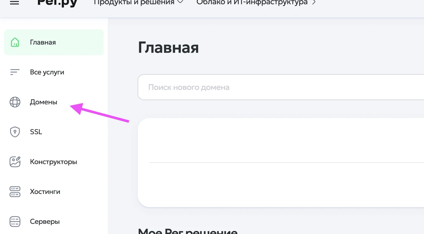 Личный кабинет Рег.ру, в левом меню выделен пункт «Домены»