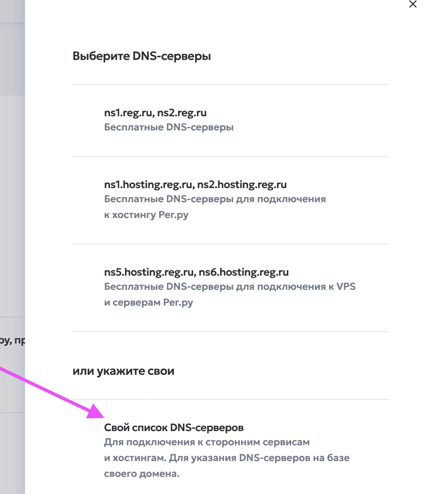 Панель выбора DNS-серверов в Рег.ру, внизу вариант «Свой список DNS-серверов»